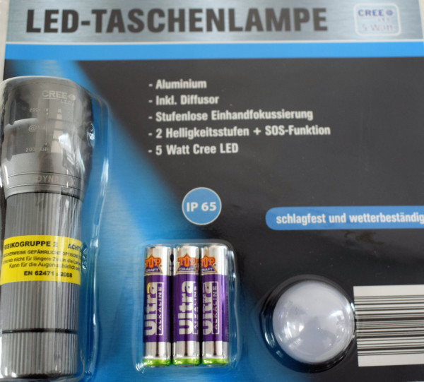 LED-Taschenlampe Alu silber 5 W Cree LED inkl. Diffusor